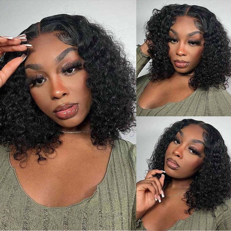 14INCH Short Curly Human Hair Bob Wig Deep Wave 13x4 Bob Wig  display picture 1