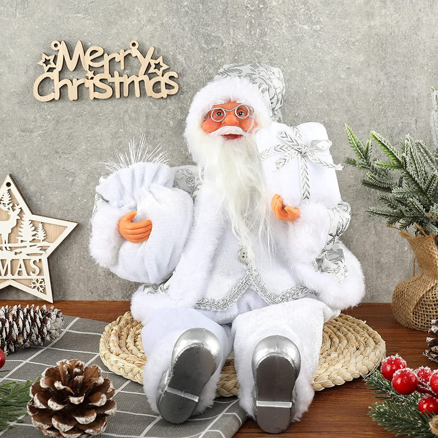 14Inch Christmas Sitting Santa Hand Crafted White Silver Coat