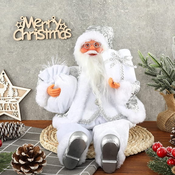 14Inch Christmas Sitting Santa Hand Crafted White Silver Coat Santa Claus Figurines Doll with Gift Bag and Presents Christmas Decoration ,White