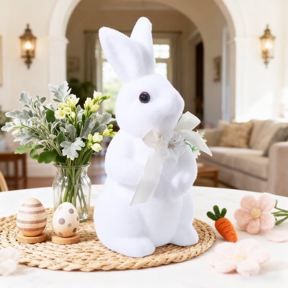 14Inch Flocked Easter Bunny Decorations Artificial Moss Bunny Figurine with Fake Flower Ribbon Bow Tie Large Size Furry Flocked Standing Rabbit Statues for Home Kitchen Table Easter Decorations