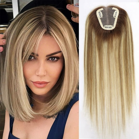 14Inch Highlight Blonde Human Hair Toppers for Women Dark Roots Straight Clip In Hairpiece Swiss Lace Remy Hair Extensions