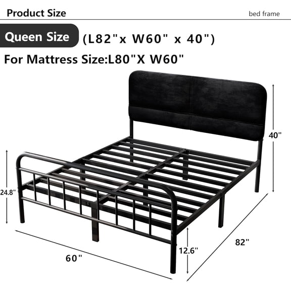 14Inch Metal Bed Frame,Queen Size Bed Frame with Upholstered Headboard,Heavy Duty Sturdy Mattress Foundation,Easy Assembly,No Box Spring Needed,Black-Queen