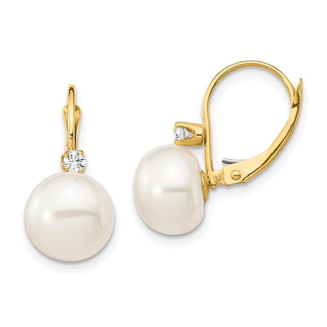 BAGATELA 14K 10-11 mm Yellow Gold White Button FWC Pearl Diamond LeverbacK Earrings - 0.10Ct