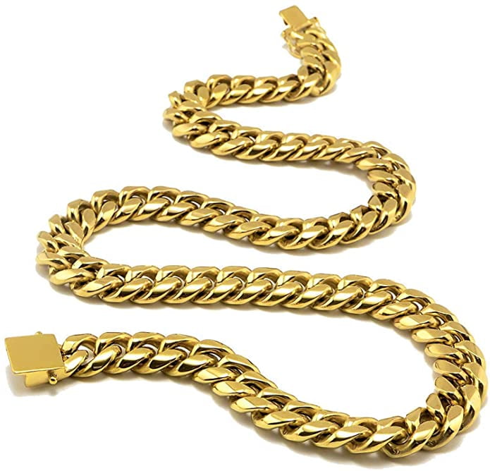 14K 14mm Curb Link Gold Cuban Miami Link Chain Necklace for Men