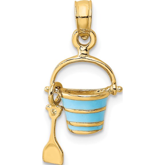 Jewelry by Sweet Pea 14K Yellow Gold 2-D Aqua Enameled Beach Bucket with Moveable Shovel Charm