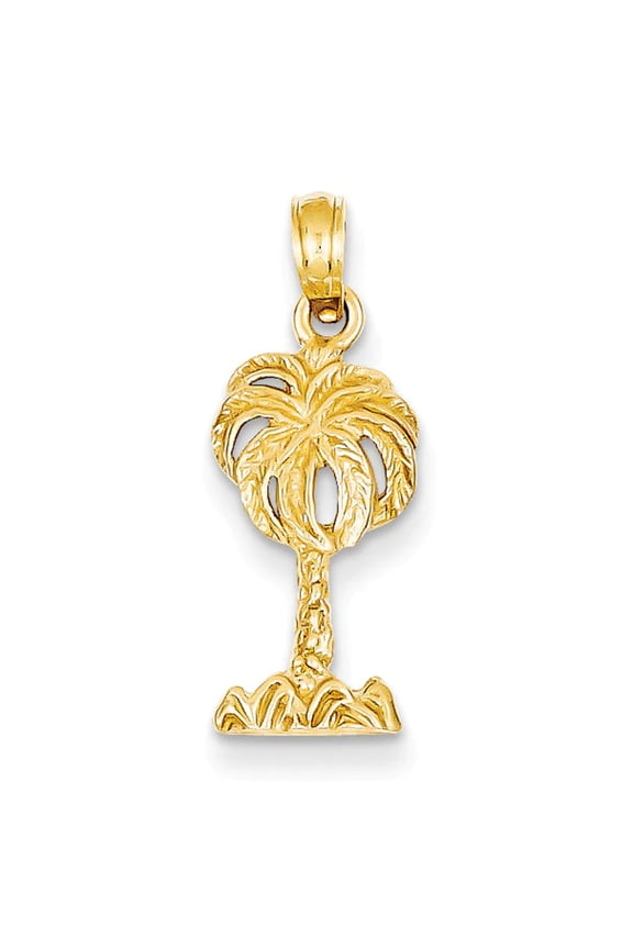 14K Yellow Gold Polished Texture Finish 2-Dimensional Concave Shape Palm Tree Charm Pendant