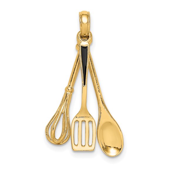 14K 3-D Black Enamel Spatula, Wooden Spoon, Whisk Moveable Charm K7022