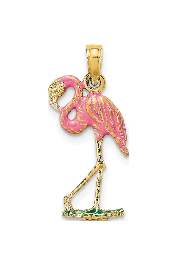 14K 3-D Pink Enamel Flamingo Charm Yellow Gold Material Enchanting Brilliant Trendy Ideal for collectors and jewelry lovers