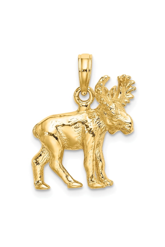 14K Yellow Gold Textured Polished Finish 3-Dimensional Moose Design Charm Pendant