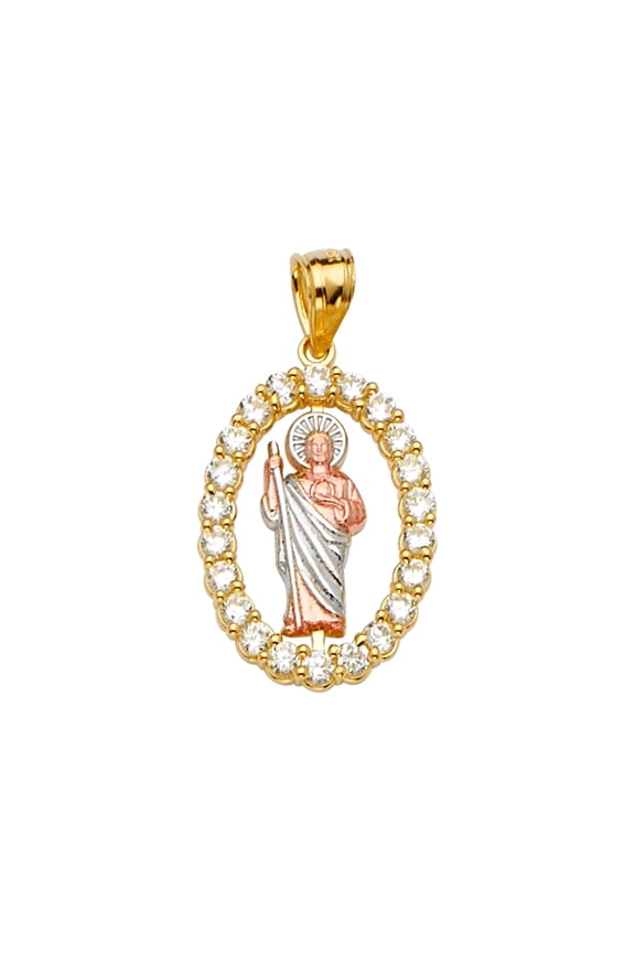 14K 3C Gold Cubic Zirconia San Judas Pendant | Tri Color Gold Charm Pendant for Necklace Chain | Gift for Men Women | 30 x 15 MM | 2.4 grams