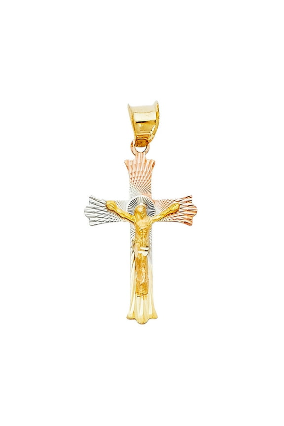 14K 3C Gold Diamond cut Crucifix Jesus Cross Stamp Religious Pendant | Tri Color Gold Charm Pendant for Necklace Chain | Gift for Men Women | 22 x 15 MM | 0.8 grams
