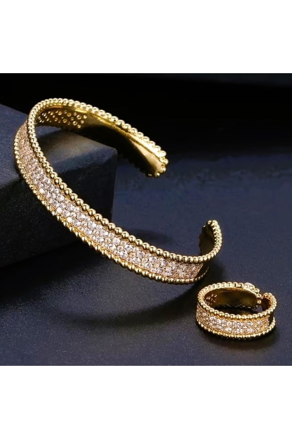 Adjustable Bracelet and Ring Set with Sparkling Cubic Zirconia Elegant Single Bangle for Women