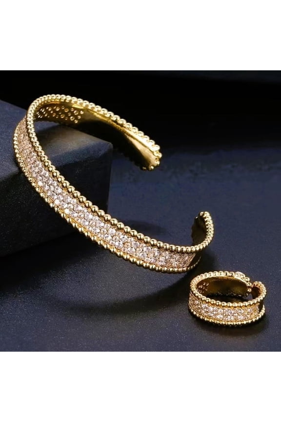 Adjustable Bracelet and Ring Set with Sparkling Cubic Zirconia – Elegant Single Bangle for Women