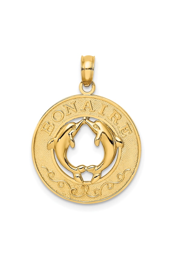 14K Yellow Gold Polished Finish Concave Shape BONAIRE, W.I Circle Design with Doliphins Charm Pendant