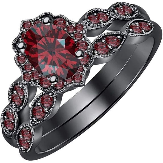 14K Balck Gold-Plated 925 Sterling Silver Oval Shape Red Garnet Vintage Style Wedding Engagement Bridal Ring Set For Womens