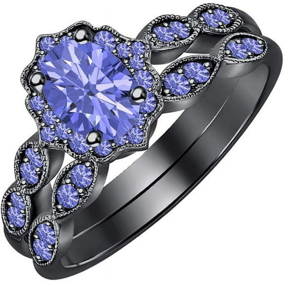 14K Balck Gold-Plated 925 Sterling Silver Oval Shape Tanzanite Vintage Style Wedding Engagement Bridal Ring Set For Womens