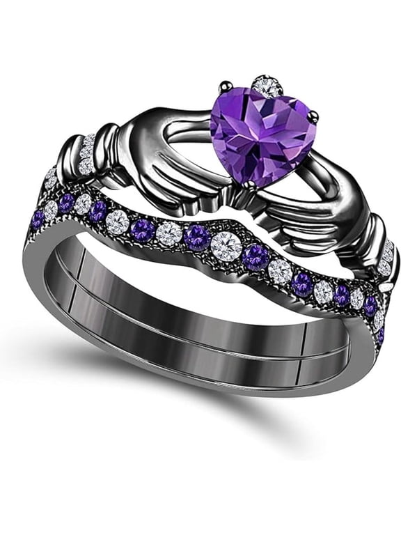 14K Balck Gold-Plated Crown Design Claddagh Bridal Set 1 CT Heart-Cut Amethyst Engagement Ring with Curved Wedding Band 925 Sterling Silver Anniversary Gift For Women