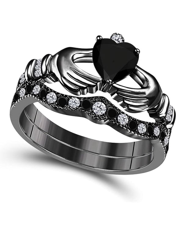 14K Balck Gold-Plated Crown Design Claddagh Bridal Set 1 CT Heart-Cut Black Diamond Engagement Ring with Curved Wedding Band 925 Sterling Silver Anniversary Gift For Women
