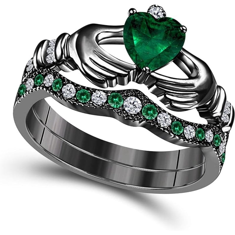 14K Balck Gold-Plated Crown Design Claddagh Bridal Set 1 CT Heart-Cut Green Emerald Engagement Ring with Curved Wedding Band 925 Sterling Silver Anniversary Gift For Women