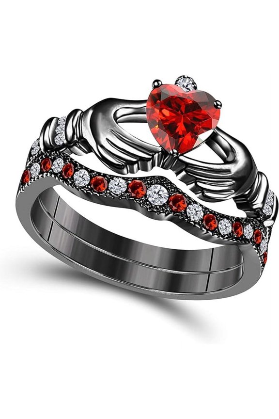 14K Balck Gold-Plated Crown Design Claddagh Bridal Set 1 CT Heart-Cut Red Garnet Engagement Ring with Curved Wedding Band 925 Sterling Silver Anniversary Gift For Women