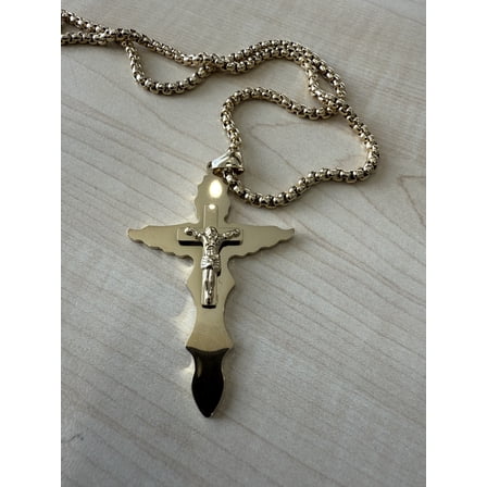 14K Beveled Edge Gold Cross Pendant Necklace for Men, Gold plated Necklace for Women. 3MM Rope Chain Fashion Jewelry Pendant