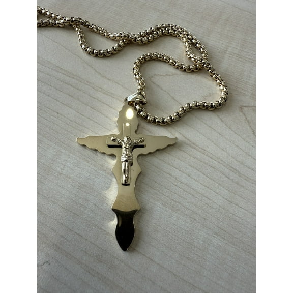 14K Beveled Edge Gold Cross Pendant Necklace for Men, Gold plated Necklace for Women. 3MM Rope Chain Fashion Jewelry Pendant