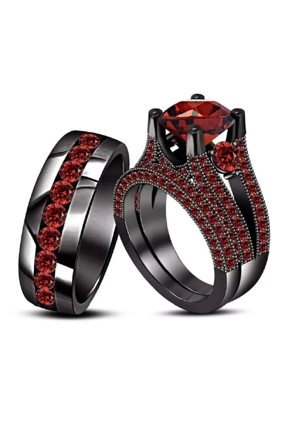 14K Black Gold Plated 2.24Ct Simulated Garnet Men's & Women's Wedding Engagement Trio Ring Set