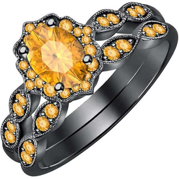 14K Black Gold-Plated 925 Sterling Silver Oval Shape Citrine Vintage Style Wedding Engagement Bridal Ring Set For Womens
