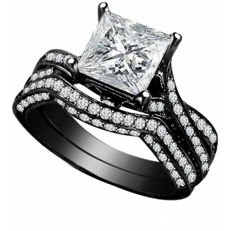 14K Black Gold-Plated Bridal Set 2 CT Princess Cut White Diamond Engagement Ring with Curved Wedding Band 925 Sterling Silver Anniversary Gift For Women
