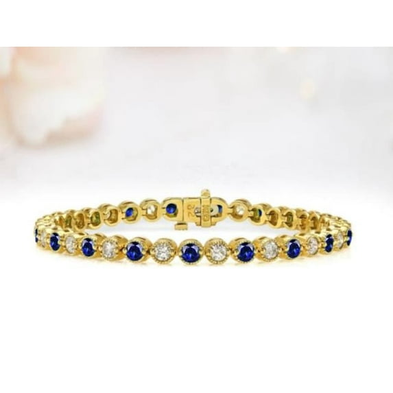 14K Blue Sapphire Tennis Bracelet Silver Gold Bezel Women Bracelet Wedding Anniversary Gifts For Wife