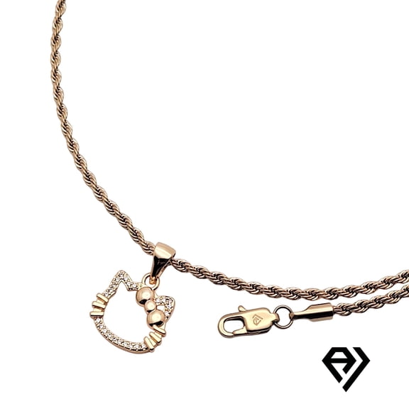 14K Gold Chain with Hello Kitty Pendent, Unisex Christmas Gift for Women, Men, Boyfriend, Girlfriend Mother, Father, Her, Him 2mm Gold Necklace, Long Life by Aria Jeweler