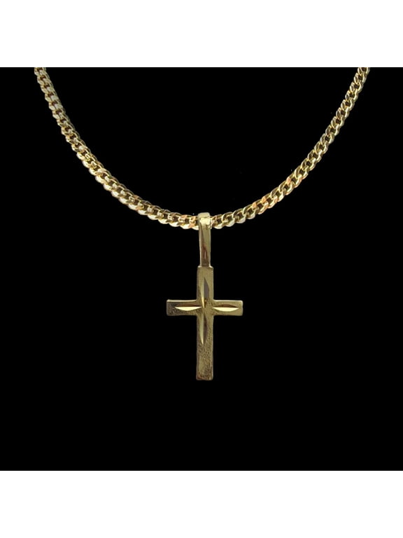 14K Bonded Gold Cross Necklace for Women, Best Unisex Christmas Gift for Women, Men, Her, Boyfriend, Girlfriend – 14K Cuban Chain with Prong Cross Pendant, Best jewelry Gifts