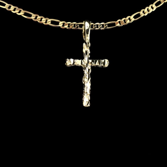 14K Bonded Gold Cross Necklace for Women, Best Unisex Christmas Gift for Women, Men, Her,,Boyfriend, Girlfriend – 14K Figaro Chain with Nugget Cross Pendant, Best jewelry Gifts