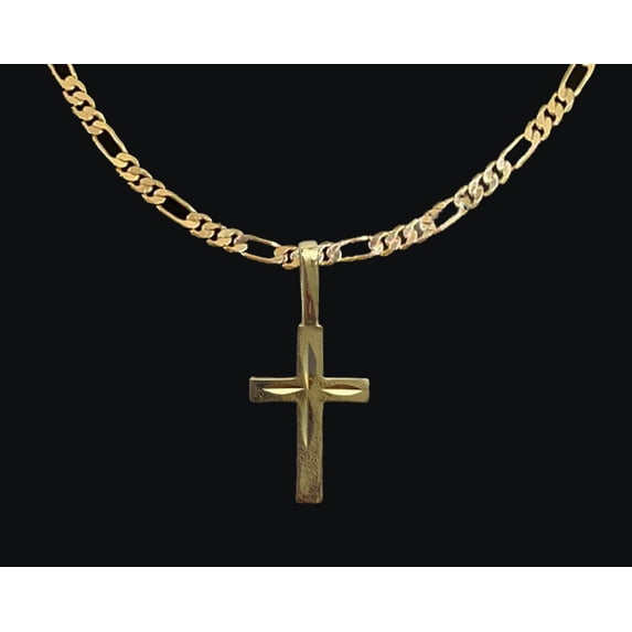 14K Bonded Gold Cross Necklace for Women, Best Unisex Christmas Gift for Women, Men, Her, Boyfriend, Girlfriend – 14K Figaro Chain with Prong Cross Pendant, Best jewelry Gifts