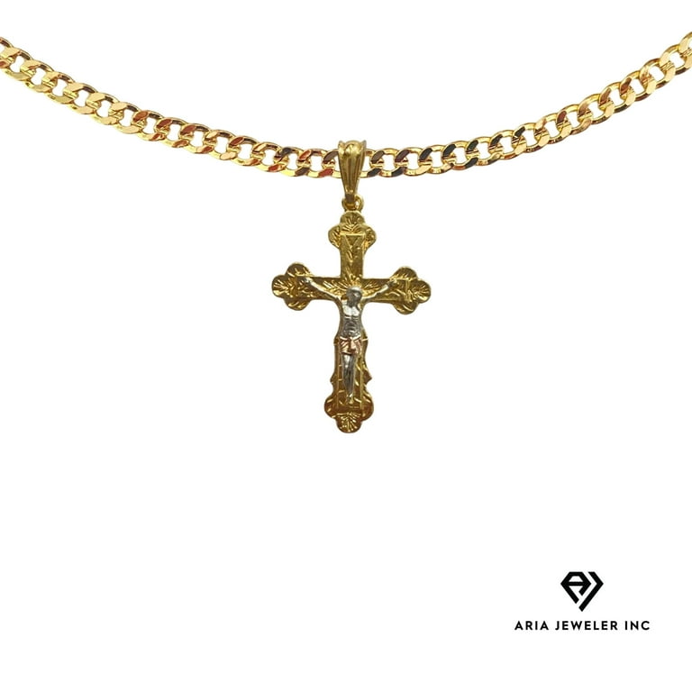 Aria Jeweler 14K Bonded Gold Cuban Chain with Crucifix Cross 