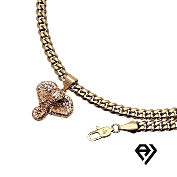 14K Bonded Gold Cuban Chain with Elephant Head Pendent, Unisex Christmas Gift for Women, Men, Boyfriend, Girlfriend Mother, Father, Her, Him 6mm Gold Necklace, Waterproof, Long Life by Aria Jeweler