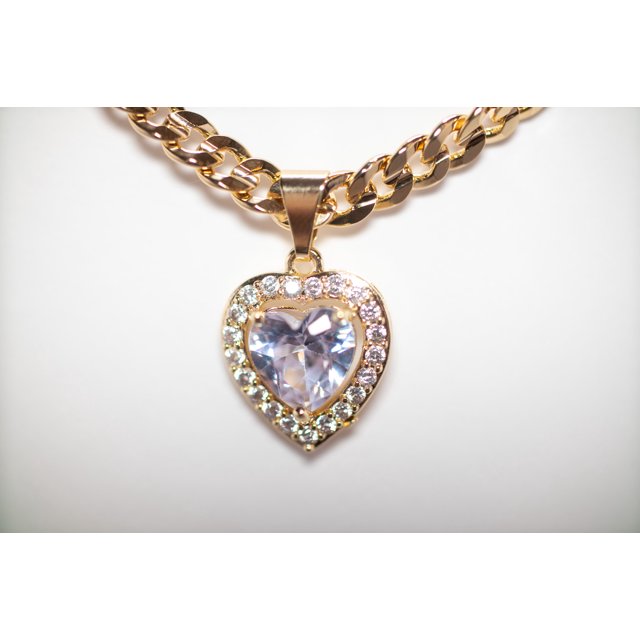 14K Bonded Gold Cuban Chain with Heart Charm, Best Unisex Christmas Gift for Women, Men