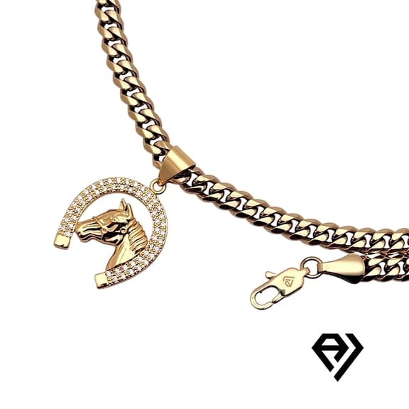 14K Gold Cuban Chain with Horseshoe Pendant, Unisex Christmas Gift for Women, Men, 6mm Gold Necklace, Waterproof by Aria Jeweler