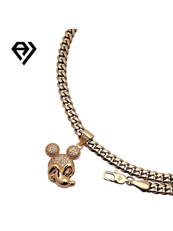 14K Gold-Plated Cuban Chain with Mickey Head Pendent, Unisex Christmas Gift for Women, Men, Boyfriend, Girlfriend Mother, Father, Her, Him 6mm Gold Necklace, Waterproof by Aria Jeweler