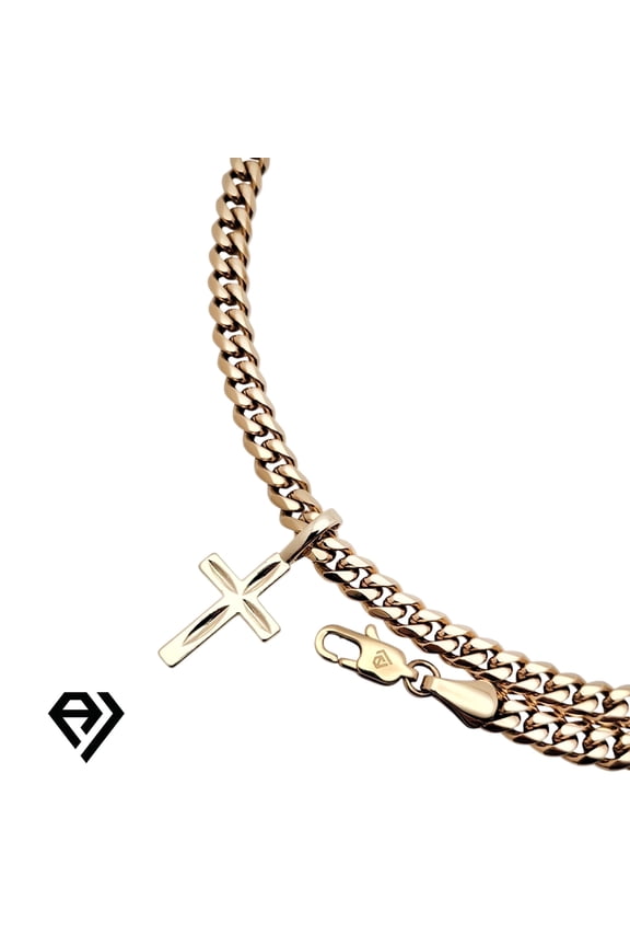 14K Gold Cuban Chain with Prong Pendent, Unisex Christmas Gift for Women, Men, Boyfriend, Girlfriend, Mother, Father, Her, Him, 6mm Gold Necklace, Waterproof by Aria Jeweler