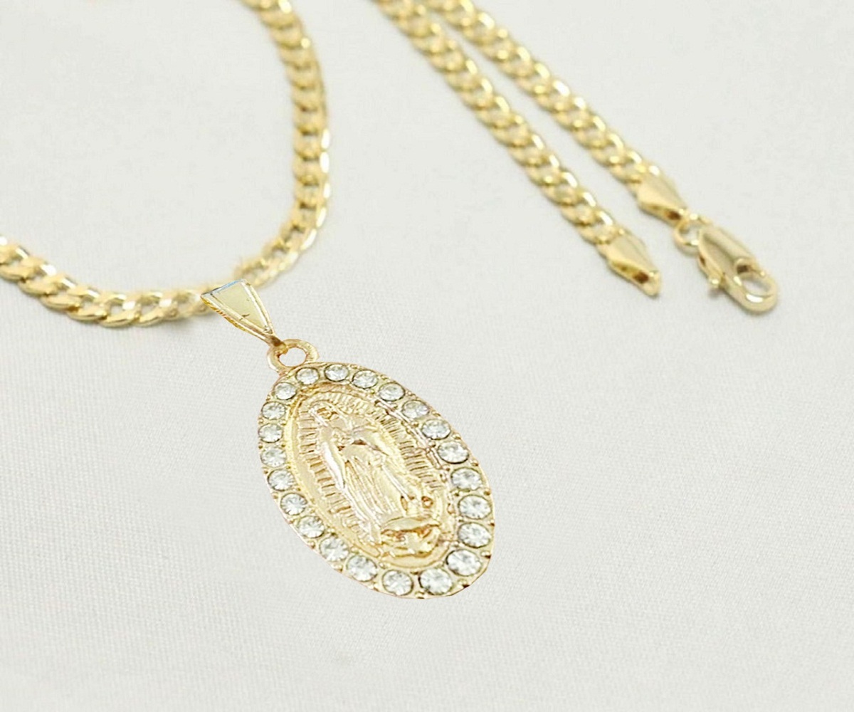 14K Bonded Gold Cuban Chain with Saint Mary Charm, Best Unisex