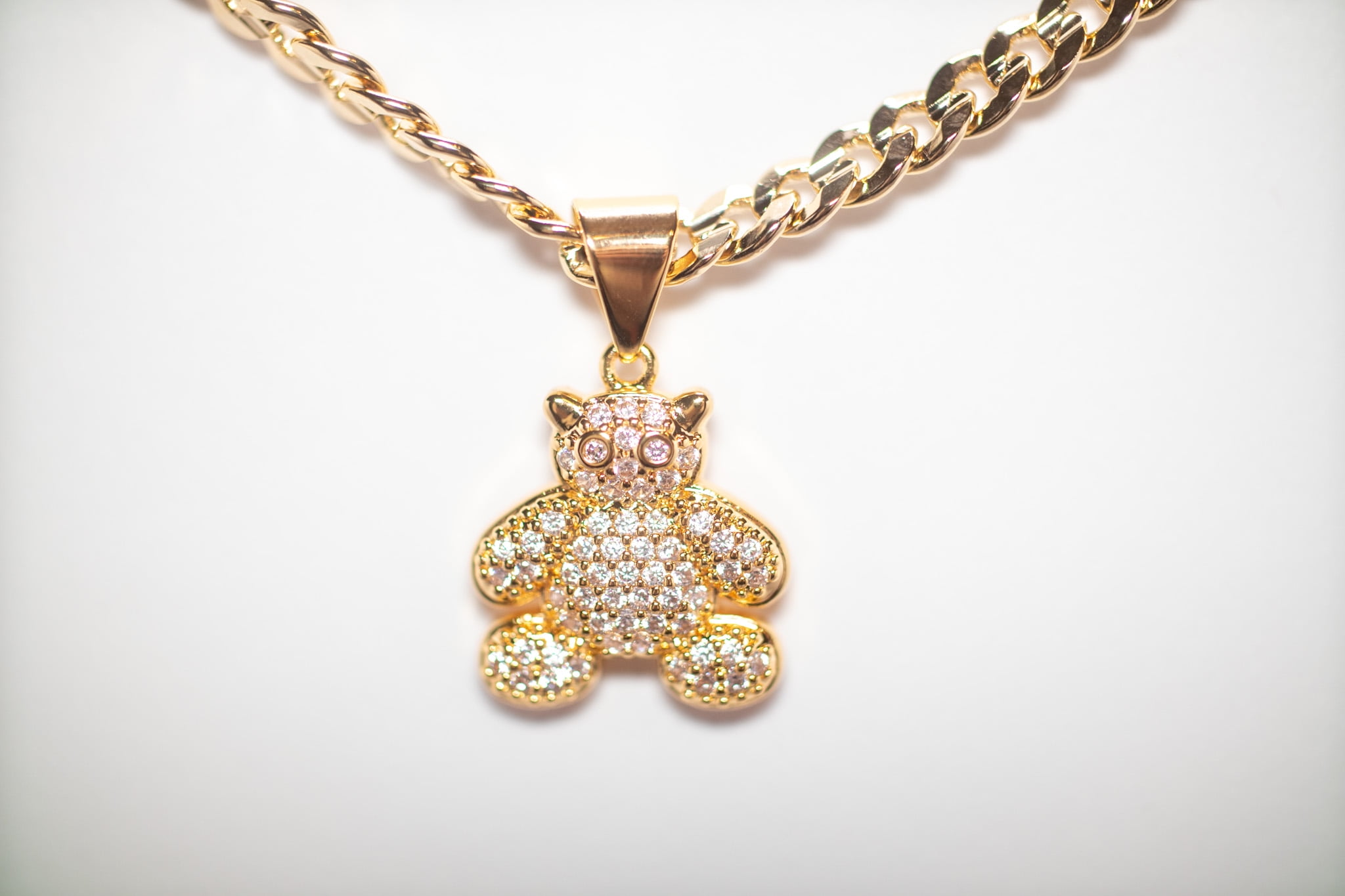 14K Bonded Gold Cuban Chain with Teddy Bear Charm, Best Unisex Christmas Gift for Women, Men