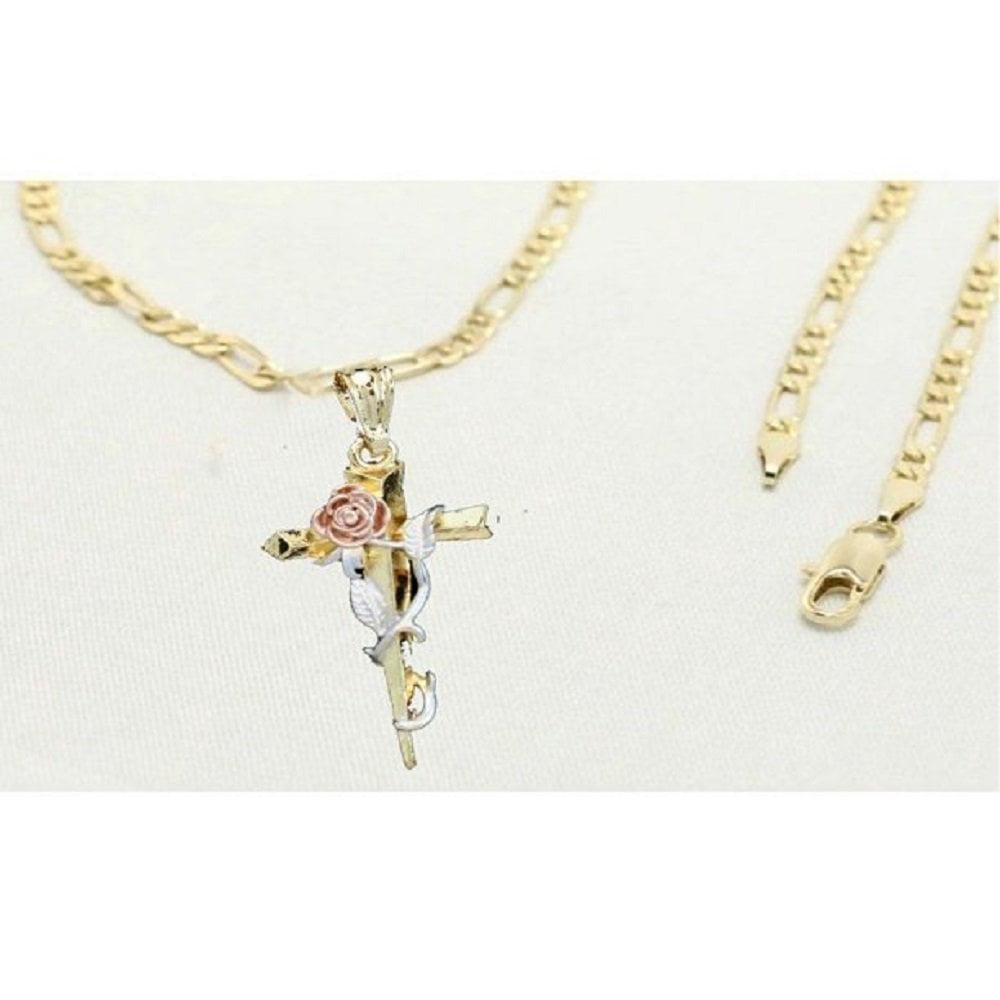 14K Bonded Gold Figaro Chain with Cross Charm, Best Unisex Christmas