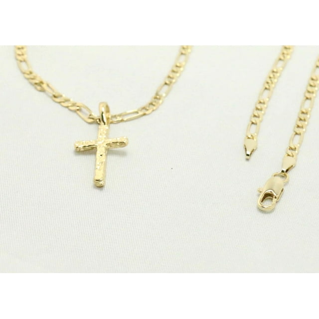14K Bonded Gold Figaro Chain with Nugget Cross Pendent, Best Unisex
