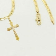 14K Bonded Gold Mariner Chain with Diamond Jesus Cross Charm, Best Unisex Christmas Gift for Women, Men, Girlfriend, Boyfriend, Her, 14K Bonded Gold Necklace with Gift Box/Bag by Aria Jeweler