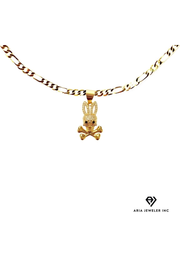 14K Bonded Gold Necklace, 24 Inches Figaro Chain with Bunny Cross Pendent