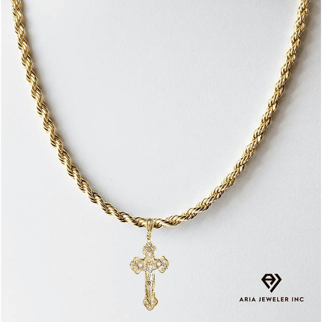 14K Bonded Gold Rope Chain with Diamond Jesus Cross Charm, Best Unisex