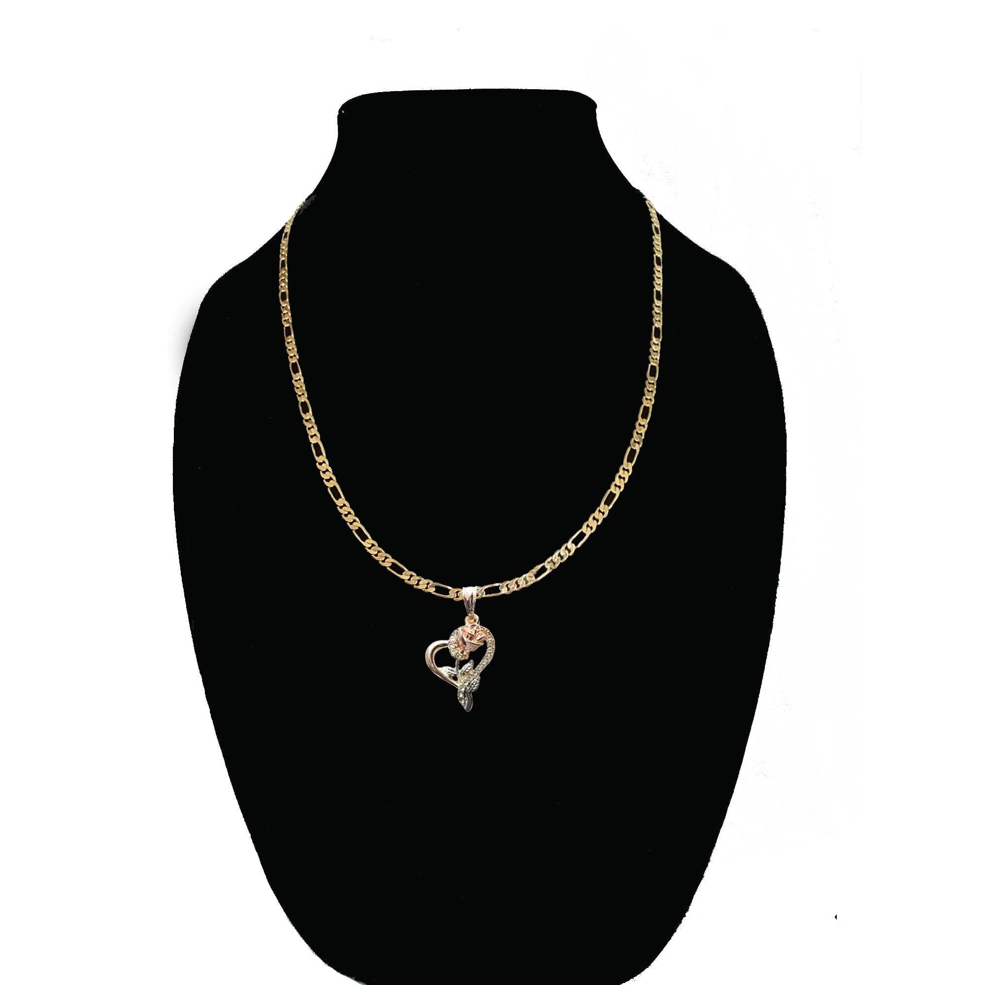 14K Bonded Gold Rose Heart Necklace for Women, Best Unisex Christmas Gift for Women, Men, Her, Boyfriend, Girlfriend – 14K Figaro Chain with Heart Pendant, Best jewelry Gifts