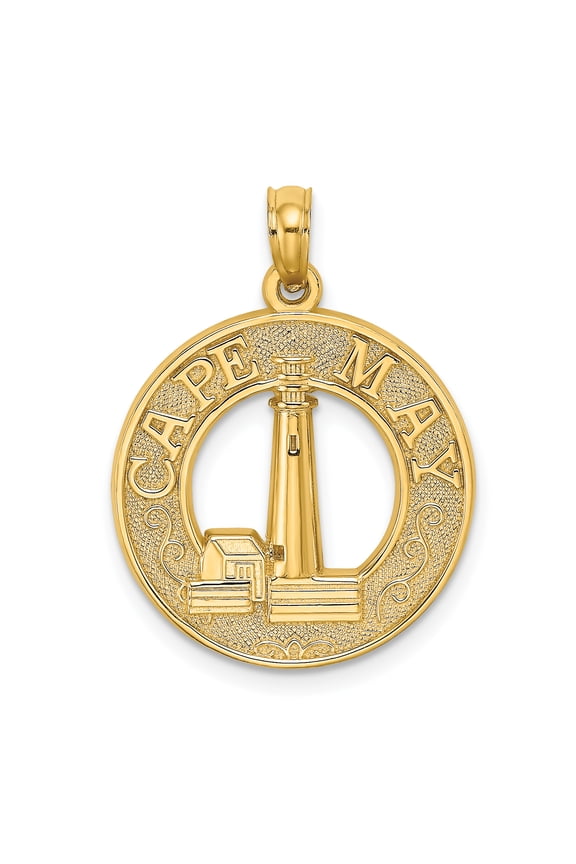 14K Yellow Gold Textured Polished Finish CAPE MAY Lighthouse in Circle Design Charm Pendant