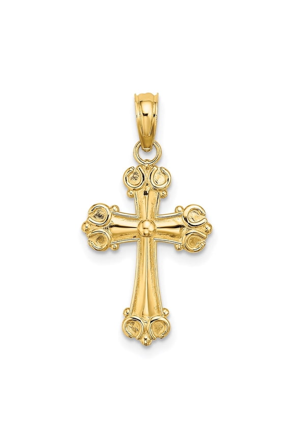 14K Cross with Scroll Tips and Button Center Charm (Weight : 0.7 gm, Length : 23.1mm, Width : 12 mm)